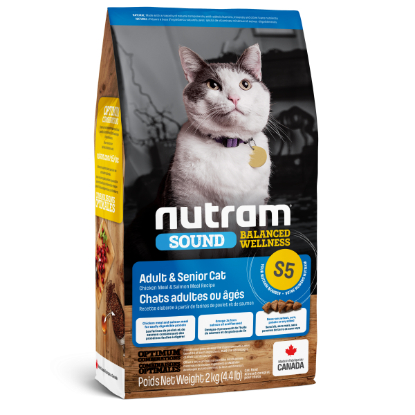 Nutram Sound S5 Balanced Wellness Chicken & Salmon Adult Senior Dry Cat Food, 2-kg (Size: 2-kg)
