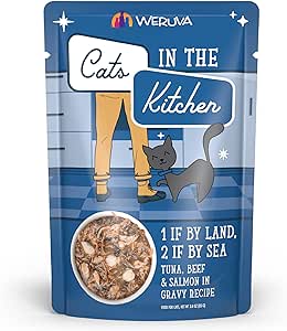 Cats in the Kitchen 1 If By Land, 2 If By Sea Tuna, Beef & Salmon in Gravy Wet Cat Food Pouch, 3-oz (Size: 3-oz)