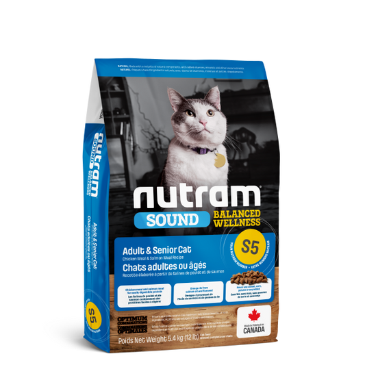 Nutram Sound S5 Balanced Wellness Chicken & Salmon Adult Senior Dry Cat Food, 5.4-kg (Size: 5.4-kg)