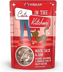 Cats in the Kitchen Mack, Jack & Sam Salmon, Mackerel & Skipjack Tuna in Gravy Wet Cat Food Pouch, 3-oz (Size: 3-oz)