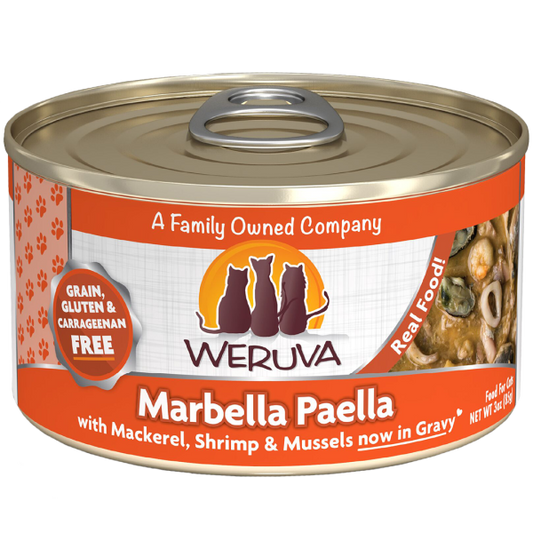 Weruva Classic Cat Marbella Paella with Mackerel, Shrimp & Mussels in Gravy Wet Cat Food Can, 3-oz (Size: 3-oz)
