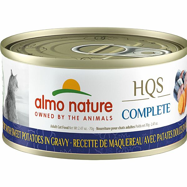 Almo Nature HQS Complete Mackerel Recipe with Sweet Potatoes in Gravy Grain-Free Wet Cat Food, 2.47-oz (Size: 2.47-oz)